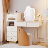 White makeup vanity with jewelry storage and multiple drawers for elegant organization